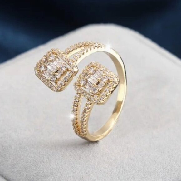 18k Gold Plated Open Adjustable Silver Diamond Ring - Picture 2 of 3